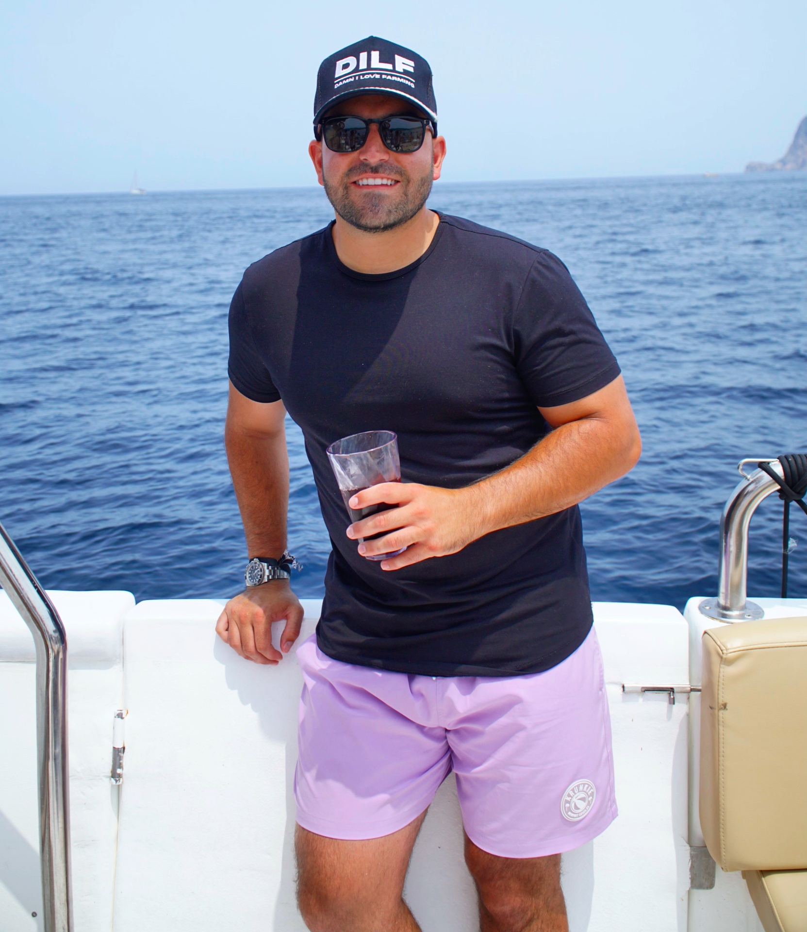 Krunkie lavender beach shorts on a yacht
